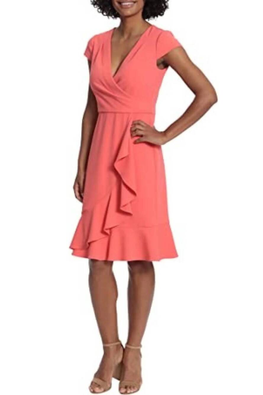 NEW LONDON TIMES surplice neck ruffle drape skirt sheath dress in calypso coral
